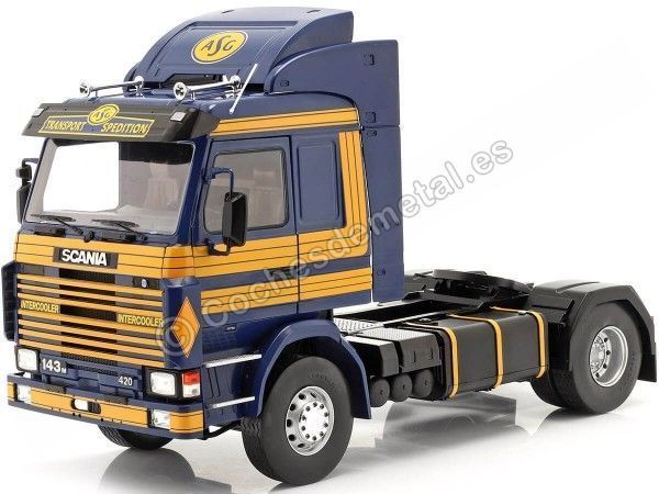 Cochesdemetal.es 1987 Camión Scania 143 Topline ASG Azul/Amarillo 1:18 MC Group 18238