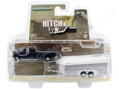 Cochesdememetal.es 2021 Dodge Ram 3500 Laramie Crew Cab + Remorque Aerovault MKII "Série de Hitch & Town 24" 1:64 Greenlight 2