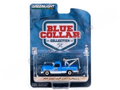 Cochesdemetal.es 1983 Chevrolet C20 Scottsdale Chevron Pickup Con Grúa "Blue Collar Series 9" 1:64 Greenlight 35200d 2