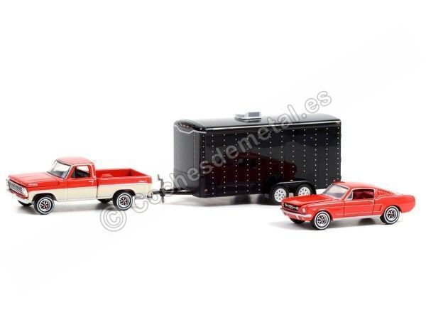 Cochesdemetal.es 1965 Ford Mustang + 1967 Ford F-100 + Remolque Canal Historia "Hollywood Hitch&Tow Series 9" 1:64 Greenlight...