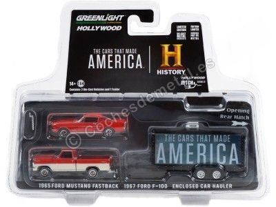 Cochesdemetal.es 1965 Ford Mustang + 1967 Ford F-100 + Remolque Canal Historia "Hollywood Hitch & Tow Series 9" 1:64 Greenlight 2