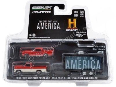1965 Ford Mustang + 1967 Ford F-100 + Remolque Canal Historia "Hollywood Hitch&Tow Series 9" 1:64 Greenlight 31120C Cochesdem... 2