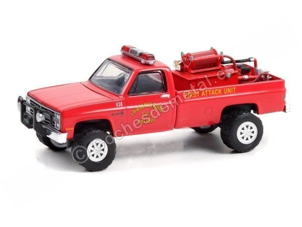 Cochesdemetal.es 1986 Chevrolet C20 Caminhão personalizada Bomberos de Indiana "Fire & Rescue Series 1" 1:64 Greenlight 67010A