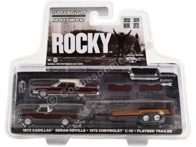 Cochesdememetal.es 1972 Chevrolet C-10 + Traile Rocky + Cadillac Sedan Deville "Hollywood Hitch & Tow Series 10" 1:64 Greenlig 2