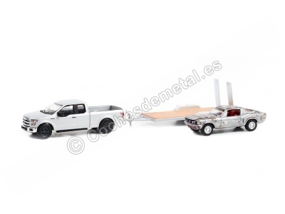 Cochesdememetal.es 2015 Ford F-150 + Trailer Canal Historia + Mustang GT Fastback "Hollywood Hitch & Tow Series 10" 1:64 Greenl