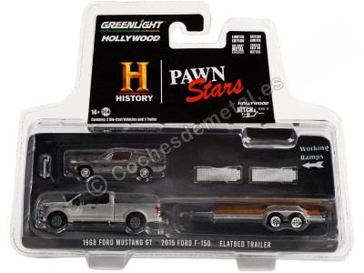 Cochesdememetal.es 2015 Ford F-150 + Trailer Canal Historia + Mustang GT Fastback "Hollywood Hitch & Tow Series 10" 1:64 Greenl 2