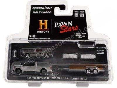 2015 Ford F-150 + Trailer Canal Historia + Mustang GT Fastback "Hollywood Hitch & Tow Series 10" 1:64 Greenlight 31130B Coche... 2
