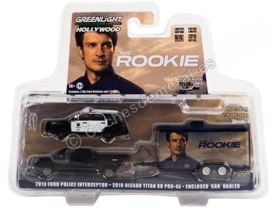 2019 Nissan Titan Pro-4X + Trailer The Rookie + Ford Police Interceptor "Hollywood Hitch & Tow Series 10" 1:64 Greenlight 311... 2