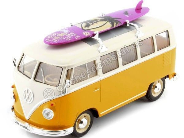Cochesdemetal.es 1963 Volkswagen VW T1 Bus Con Tabla de Surf Amarillo/Beige 1:24 Welly 22095