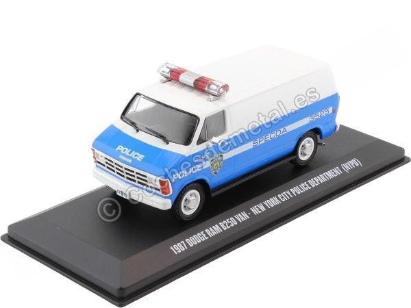 CARSDEMETAL.ES 1987 Dodge Ram B250 Van "New York Police" White / Blue 1:43 Greenlight 86577