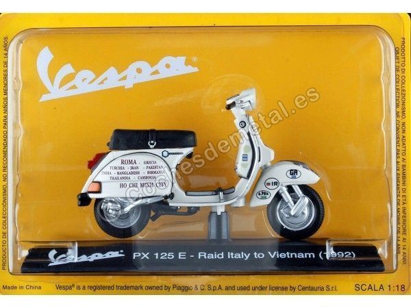 Cochesdemetal.es 1992 Vespa PX 125e- raid Italie au Vietnam Blanco 1:18 éditorial Salvat Ves0060