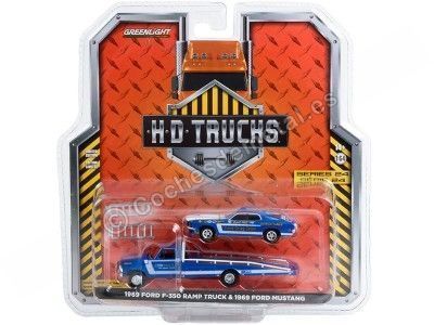 Cochesdemetal.es 1969 Camión Rampa Ford F-350 + 1969 Ford Mustang Ford Drag Team "H.D. Trucks Series 24" 1:64 Greenlight 33240A 2