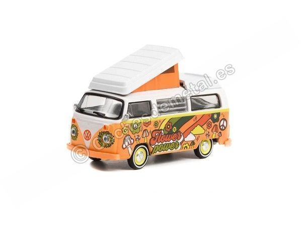 Cochesdemetal.es 1973 Volkswagen Type 2 Westfalia Flower Power "Club Vee-Dub Series 14" 1:64 Greenlight 36050C