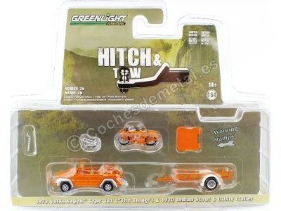 Cochesdemetal.es 1973 Volkswagen Thing Type 181 + Remolque + 1920 Indian Scout "Hitch & Tow Series 26" 1:64 Greenlight 32260c 2