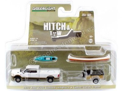 Cochesdemetal.es 2022 Ram 2500 Limited Longhorn + Remolque con Canoa y Kayac "Hitch & Tow Series 26" 1:64 Greenlight 32260D 2
