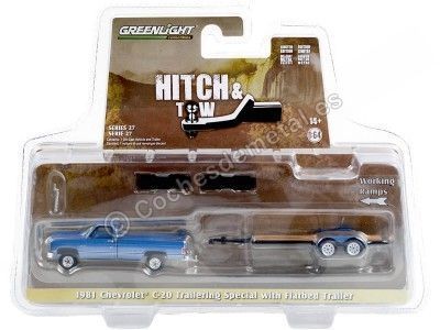 Cochesdemetal.es 1981 Chevrolet C-20 Trailering Special + Remolque de Plataforma "Hitch & Tow Series 27" 1:64 Greenlight 32270B 2