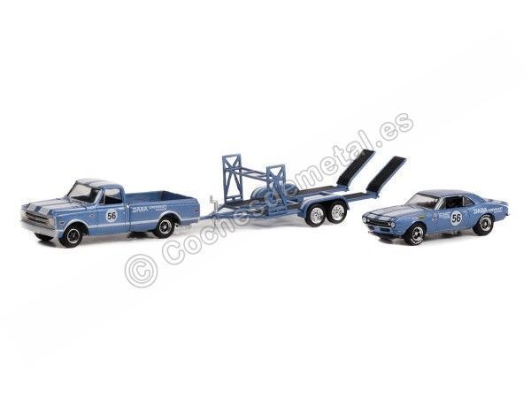 Cochesdemetal.es 1968 Chevrolet C-10 + 1967 Chevrolet Camaro + Remolque "Racing Hitch & Tow Series 4" 1:64 Greenlight 31140a