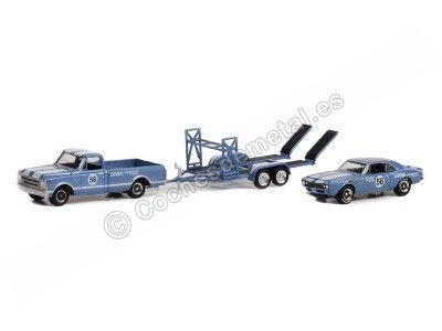 Cochesdemetal.es 1968 Chevrolet C-10 + 1967 Chevrolet Camaro + Remolque "Racing Hitch & Tow Series 4" 1:64 Greenlight 31140a