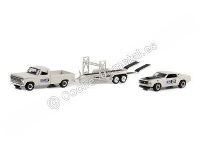 Cochesdemetal.es 1969 Ford F-100 + 1969 Ford Mustang Boss 429 + Remolque "Racing Hitch & Tow Series 4" 1:64 Greenlight 31140B