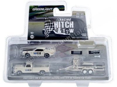 Cochesdemetal.es 1969 Ford F-100 + 1969 Ford Mustang Boss 429 + Remolque "Racing Hitch & Tow Series 4" 1:64 Greenlight 31140B 2