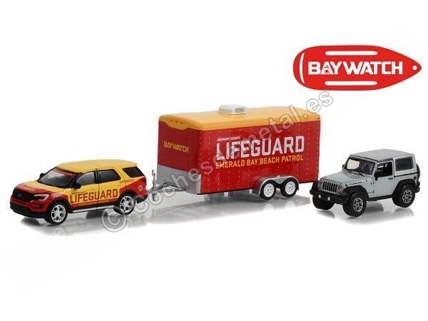 Cochesdemetal.es 2016 Ford Explorer + 2013 Jeep Wrangler + Remolque Baywatch "Hollywood Hitch & Tow Series 11" 1:64 Greenligh...