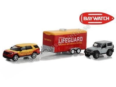 Cochesdemetal.es 2016 Ford Explorer + 2013 Jeep Wrangler + Remolque Baywatch "Hollywood Hitch & Tow Series 11" 1:64 Greenligh...