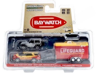 Cochesdemetal.es 2016 Ford Explorer + 2013 Jeep Wrangler + Remolque Baywatch "Hollywood Hitch & Tow Series 11" 1:64 Greenligh... 2