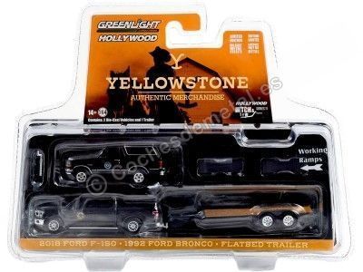 Cochesdemetal.es 2018 Ford F-150 + 1992 Ford Bronco + Remolque Yellowstone "Hollywood Hitch & Tow Series 11" 1:64 Greenlight ... 2