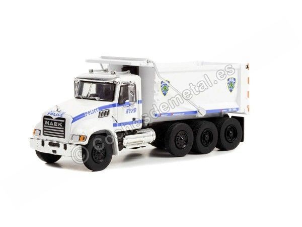Cochesdemetal.es 2019 Camión Mack Granite Con Volquete Policía NYPD "H.D. Trucks Series 16" Blanco 1:64 Greenlight 45160B