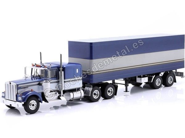 Cochesdemetal.es 1960 Camión Kenworth W900 de 3 Ejes + Semirremolque Azul/Blanco/Gris 1:18 Road Kings 123164