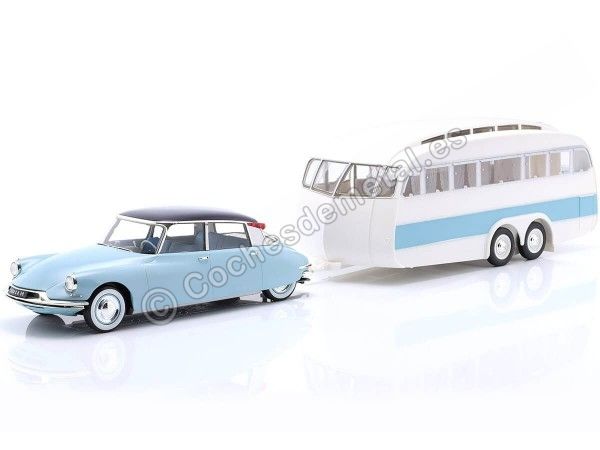 Cochesdemetal.es 1959 Citroen DS 19 Azul Nube/Berenjena + Caravana Henon Blanca/Azul 1:18 Norev 181760