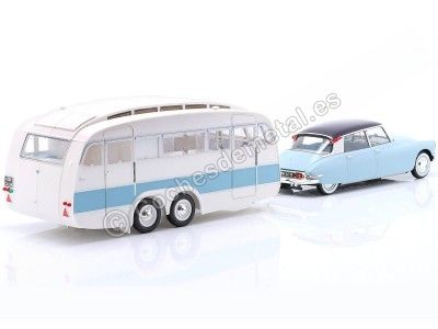 Cochesdemetal.es 1959 Citroen DS 19 Azul Nube/Berenjena + Caravana Henon Blanca/Azul 1:18 Norev 181760 2