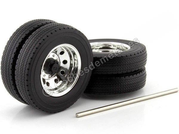 Cochesdemetal.es Set 2 Ruedas Dobles Treaseras Cromadas con Eje para Camión 1:18 Road Kings RK18A010