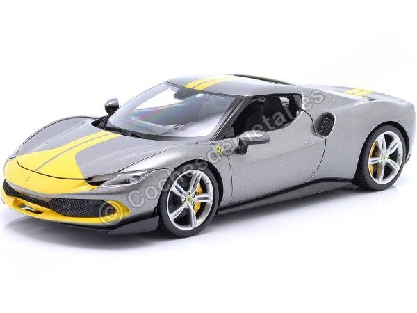 Cochesdemetal.es 2022 Ferrari 296 GTB Assetto Fiorano Gris/Amarillo 1:18 Bburago 16017