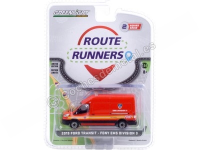 Cochesdemetal.es 2019 Ford Transit LWB Techo Alto Departamento Bomberos "Route Runners Series 2" 1:64 Greenlight 53020E 2