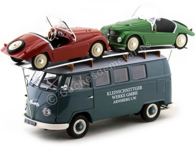 Cochesdemetal.es 1958 Volkswagen VW T1 Minibus Car Transporter Azul + 2X F-125 Spider Verde/Rojo 1:18 Schuco 0278