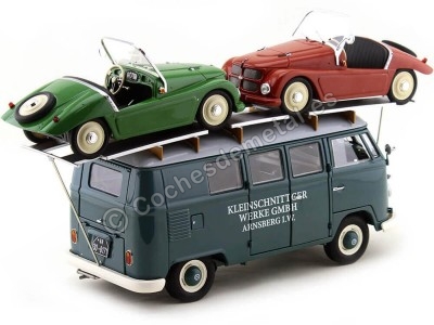 Cochesdemetal.es 1958 Volkswagen VW T1 Minibus Car Transporter Azul + 2X F-125 Spider Verde/Rojo 1:18 Schuco 0278 2