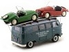 Cochesdemetal.es 1958 Volkswagen VW T1 Minibus Car Transporter Azul + 2X F-125 Spider Verde/Rojo 1:18 Schuco 0278