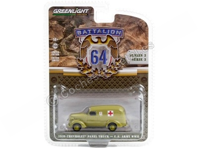 Cochesdemetal.es 1939 Chevrolet Panel Truck Ambulancia Armada Americana "Battalion 64 Series 3" 1:64 Greenlight 61030A 2