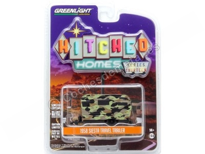 Cochesdemetal.es 1958 Caravana Siesta 17 "Hitched Homes series 13" Camuflaje 1:64 Greenlight 34130B 2