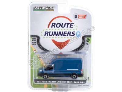 Cochesdemetal.es 2017 Ford Transit LWB Techo Alto "Route Runners Series 5" Azul 1:64 Greenlight 53050A 2