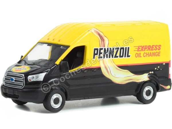 Cochesdemetal.es 2019 Ford Transit LWB Techo Alto Penzoil "Route Runners Series 5" Amarillo / Negro 1:64 Greenlight 53050C