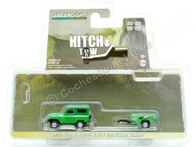 Cochesdemetal.es 1972 Nissan Patrol + Remolque 1/4 Tonelada "Hitch & Tow Series 25" Verde 1:64 Greenlight 32250A 2