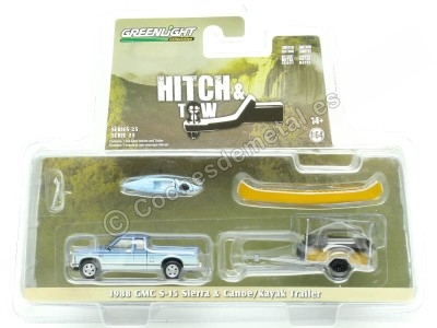 Cochesdemetal.es 1988 GMC S-15 Sierra + Remolque con Canoa y Kayac "Hitch & Tow Series 25" 1:64 Greenlight 32250C 2