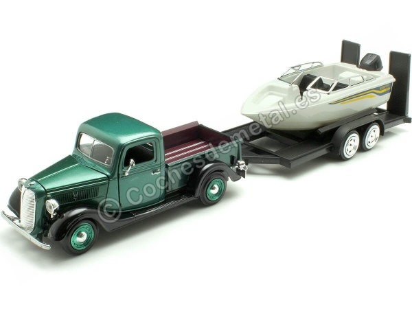 Cochesdemetal.es 1937 Ford Pickup Verde + Remolque Con Barco 1:24 Motor Max 73233 76012