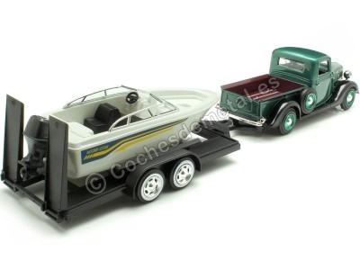 Cochesdemetal.es 1937 Ford Pickup Verde + Remolque Con Barco 1:24 Motor Max 73233 76012 2