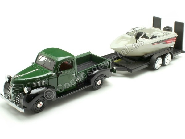 Cochesdemetal.es 1941 Plymouth Pickup Verde/Negro + Remolque Con Barco 1:24 Motor Max 73278-76012