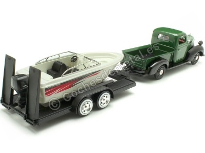 Cochesdemetal.es 1941 Plymouth Pickup Verde/Negro + Remolque Con Barco 1:24 Motor Max 73278-76012 2