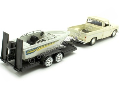 Cochesdemetal.es 1966 Chevrolet C10 Fleetside Beige + Remolque Con Barco 1:24 Motor Max 73355-76012 2