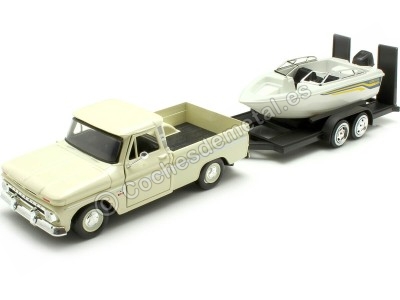 Cochesdemetal.es 1966 Chevrolet C10 Fleetside Beige + Remolque Con Barco 1:24 Motor Max 73355-76012